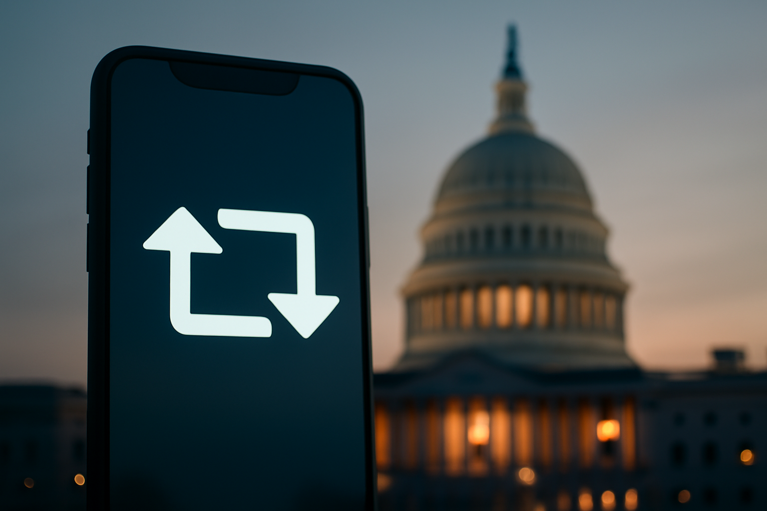 Split screen of a smartphone showing a social media repost next to the U.S. Capitol dome at dusk