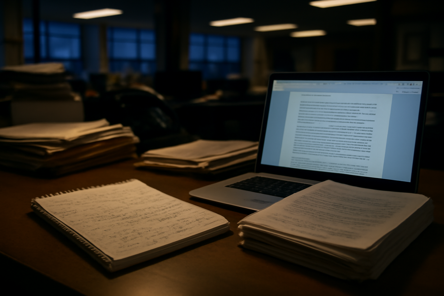 A newsroom desk with a reporter's notebook, court documents and a laptop open to a draft opinion column