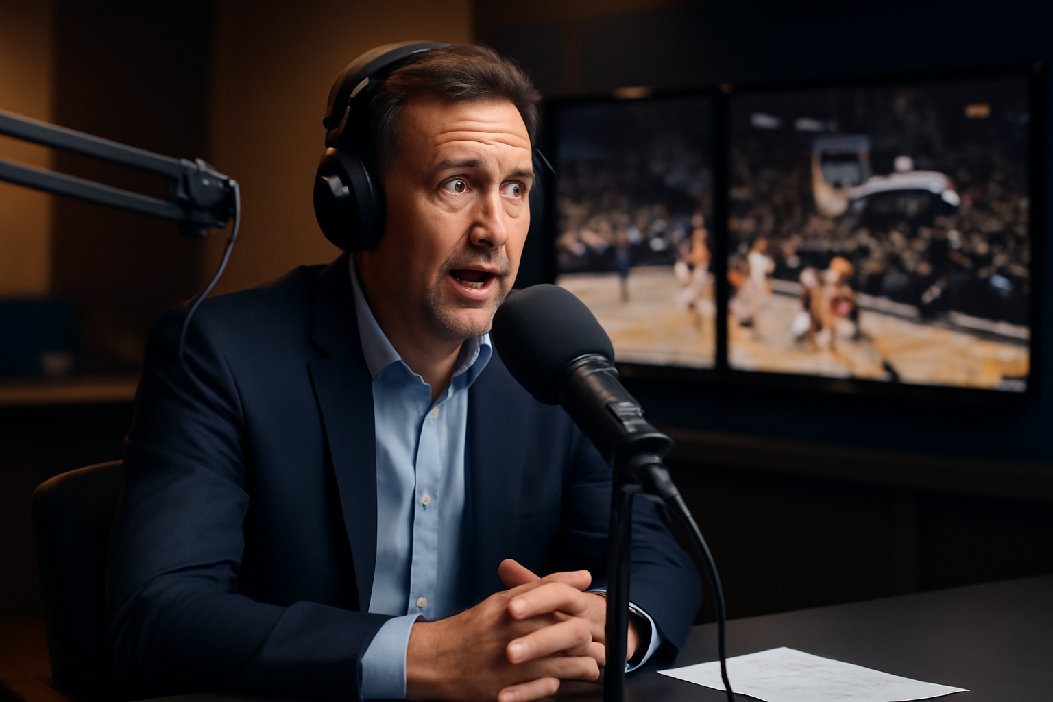 Sports commentator speaking into a studio microphone during a broadcast