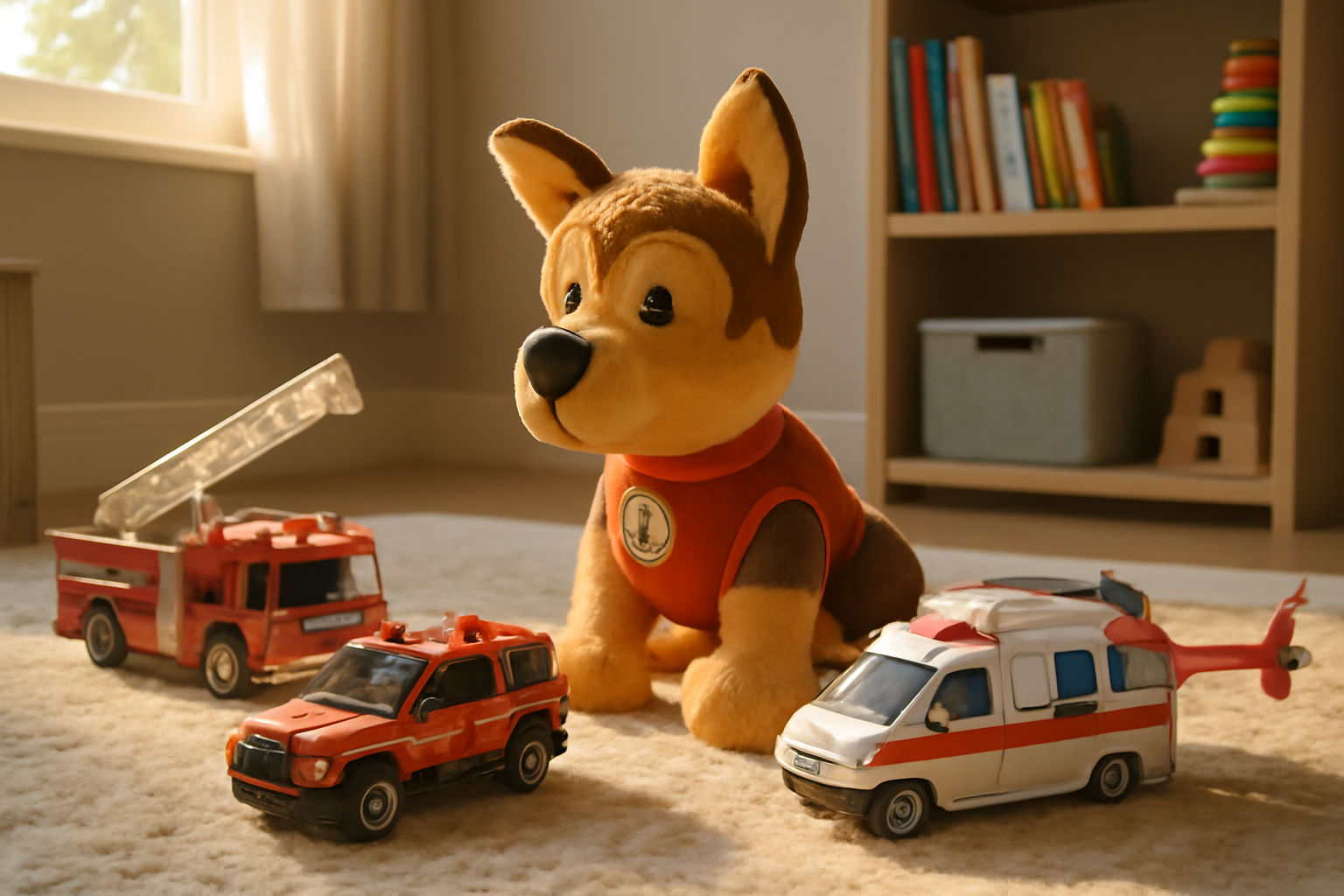 Animated cartoon dog wearing a police-style vest sitting beside a toy fire truck on a child's playroom rug