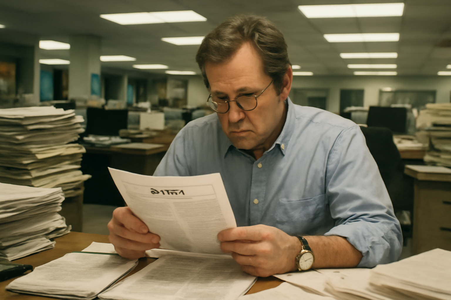 A newsroom editor reviewing a printed opinion column at a cluttered desk under overhead lights