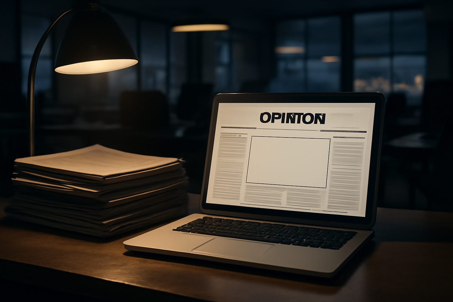 Stack of printed newspapers beside a laptop open to an opinion column in a quiet newsroom